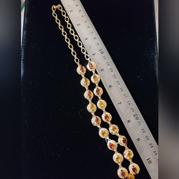 Vintage Textured Saucer Fall Rhinestone "V" Necklace Bolo Style 16 Inch 1970's - Picture 3 of 11